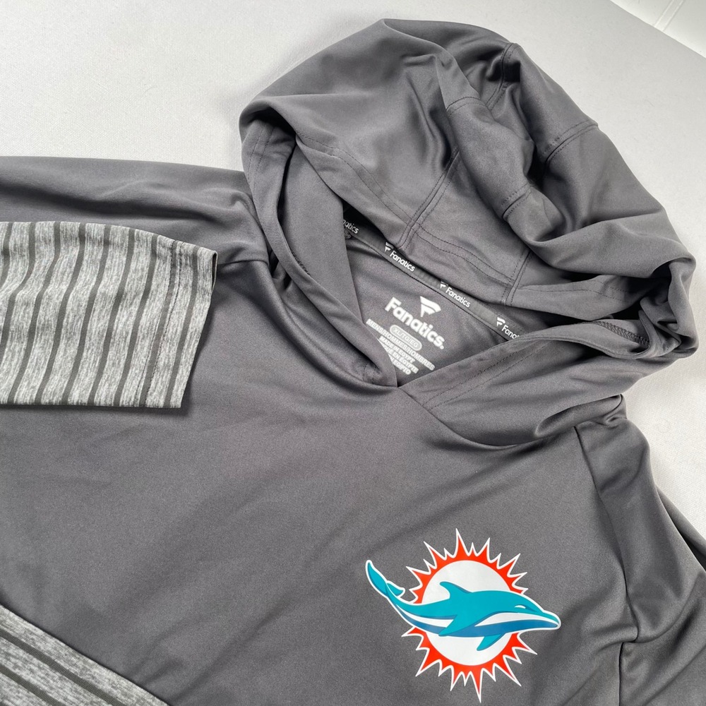 Fanatics Miami Dolphins Mens XL Gray Striped Hooded Long Sleeve Shirt NFL Logo